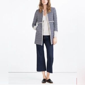 ZARA “That Coat” Jacquard Jacket/Coat Mid Length Blue & White Size S